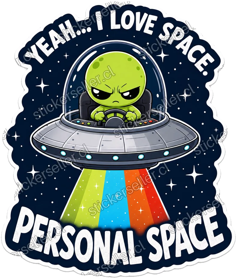 Sticker de un alienígena chibi pilotando un platillo volador con rayo multicolor, con el texto «YEAH... I LOVE SPACE. PERSONAL SPACE».
