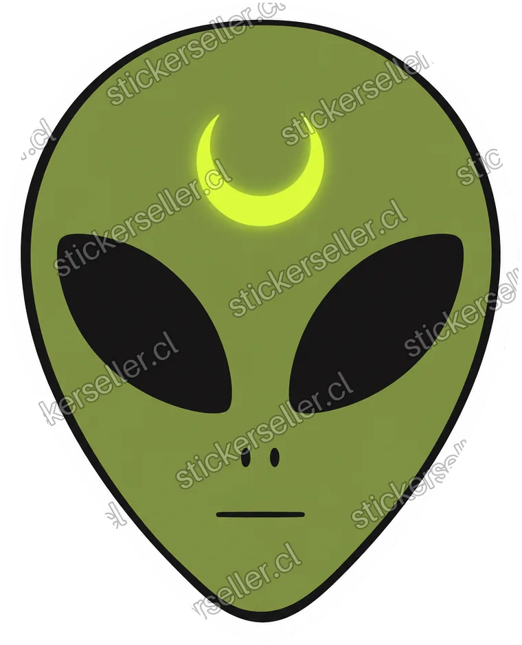 Sticker de la cabeza de un alienígena verde oliva con una luna creciente amarillo-lima brillando en la frente.