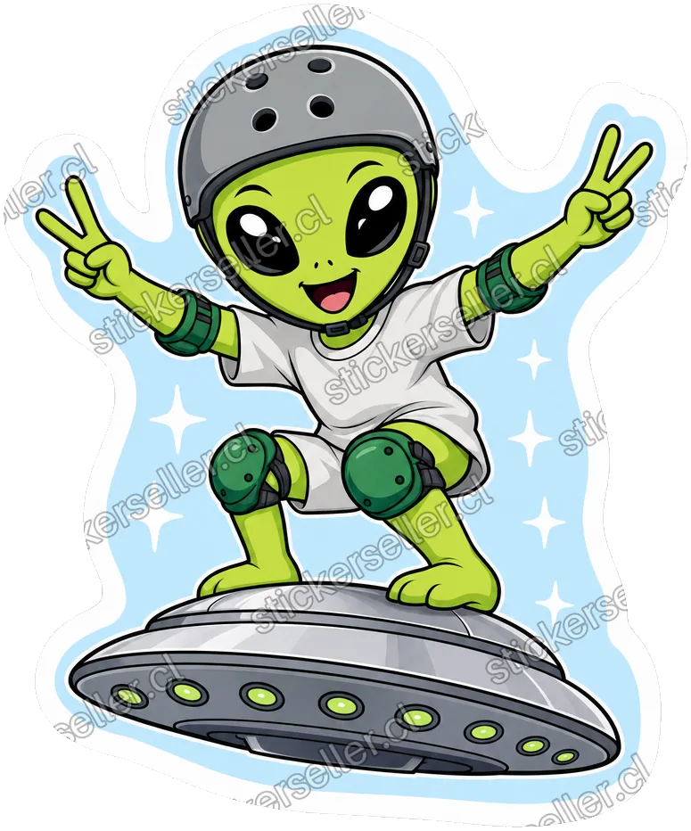 Sticker de un alienígena chibi con casco y rodilleras patinando sobre un platillo volador, haciendo doble signo de la paz.