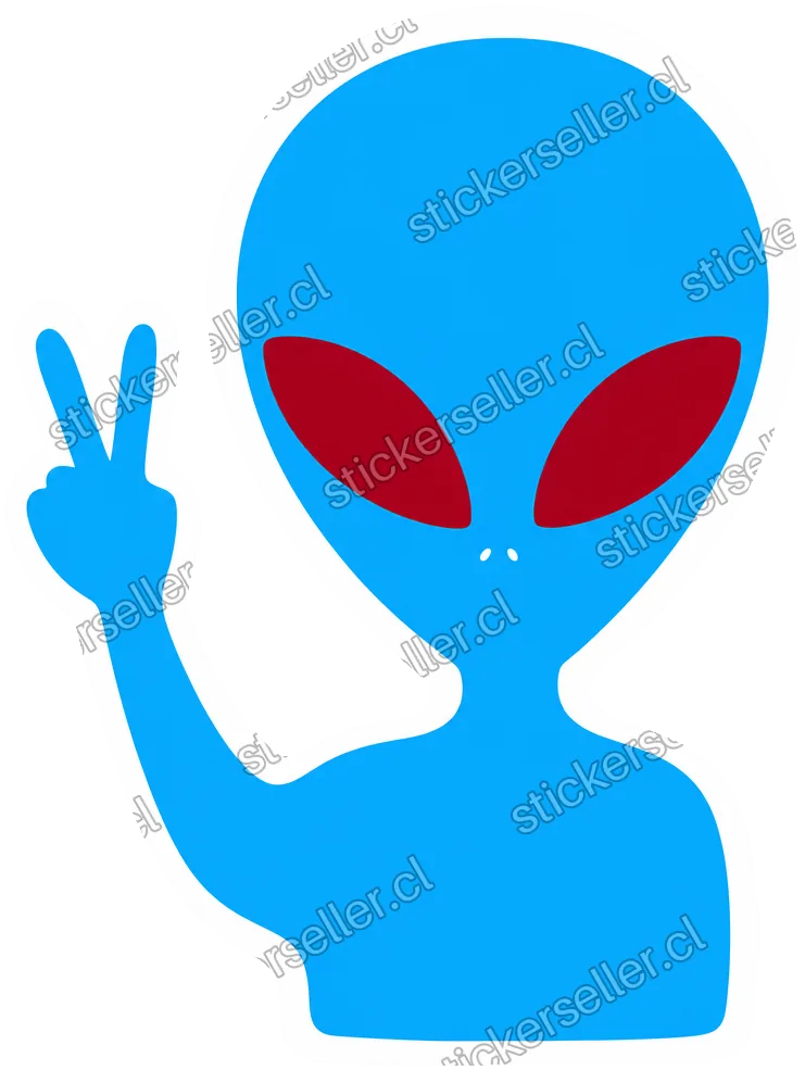 Sticker de un alienígena en un solo tono azul cerúleo sin líneas internas, con ojos rojo oscuro, haciendo el signo de la paz.