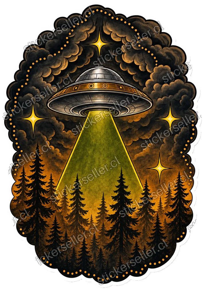 Sticker de un platillo plateado disparando un rayo verde-amarillo sobre un bosque de pinos, bajo nubes oscuras de tormenta.