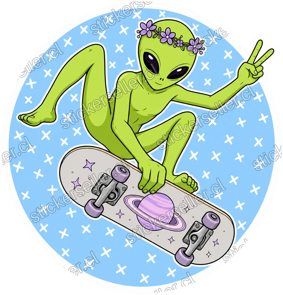 Sticker circular de un alienígena con corona de flores haciendo un truco de skate, mostrando un Saturno pintado bajo la tabla.