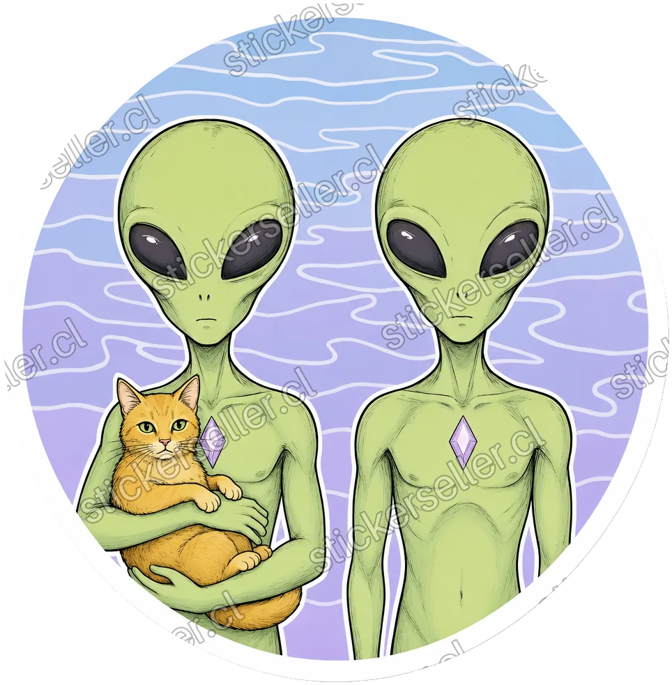 Sticker circular de dos alienígenas verdes en pose de retrato, uno de ellos con un gato anaranjado en brazos.
