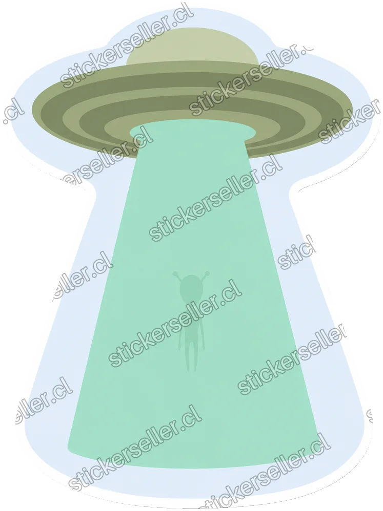 Sticker de un platillo verde oliva disparando un rayo menta, con la silueta fantasmal de un alienígena diminuto adentro.