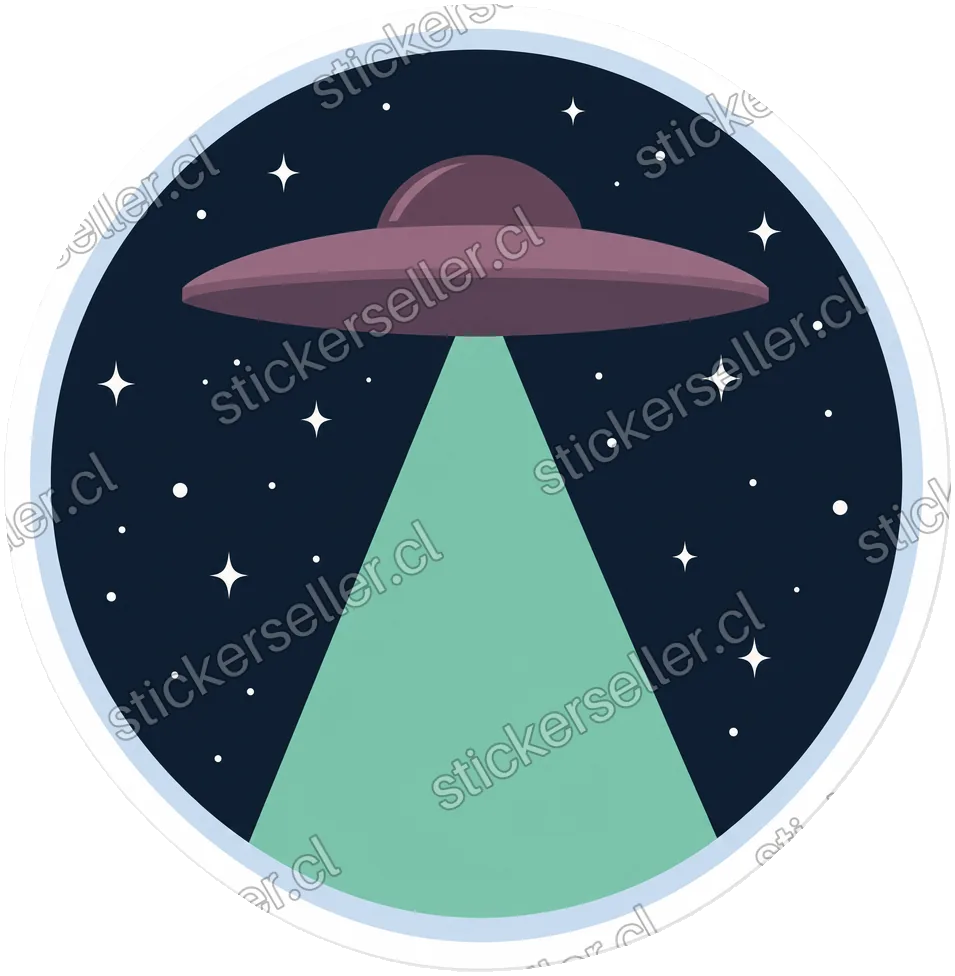 Sticker circular de un platillo mauve disparando un rayo menta sobre fondo oscuro con estrellitas.