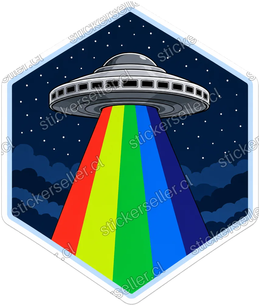 Sticker hexagonal de un platillo plateado con portillas rectangulares disparando un rayo arcoíris sobre un cielo nocturno estrellado.