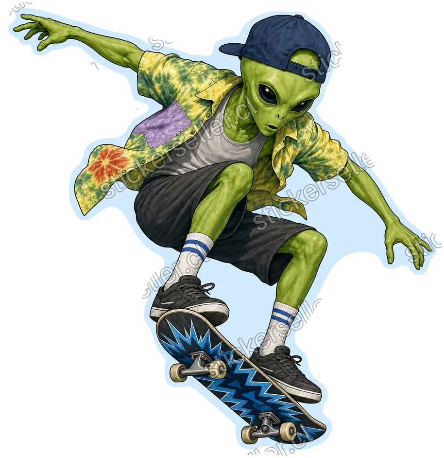 Sticker de un alienígena con gorro al revés y camisa tie-dye abierta, haciendo un truco de skate con calcetines a rayas.