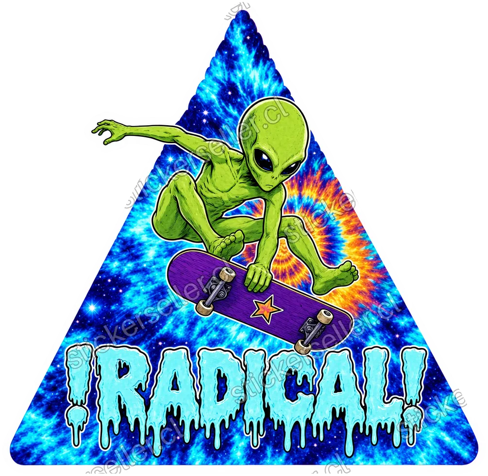 Sticker triangular de un alienígena verde haciendo un truco de skate en el aire sobre fondo tie-dye azul, con el texto «¡RADICAL!» goteando abajo.