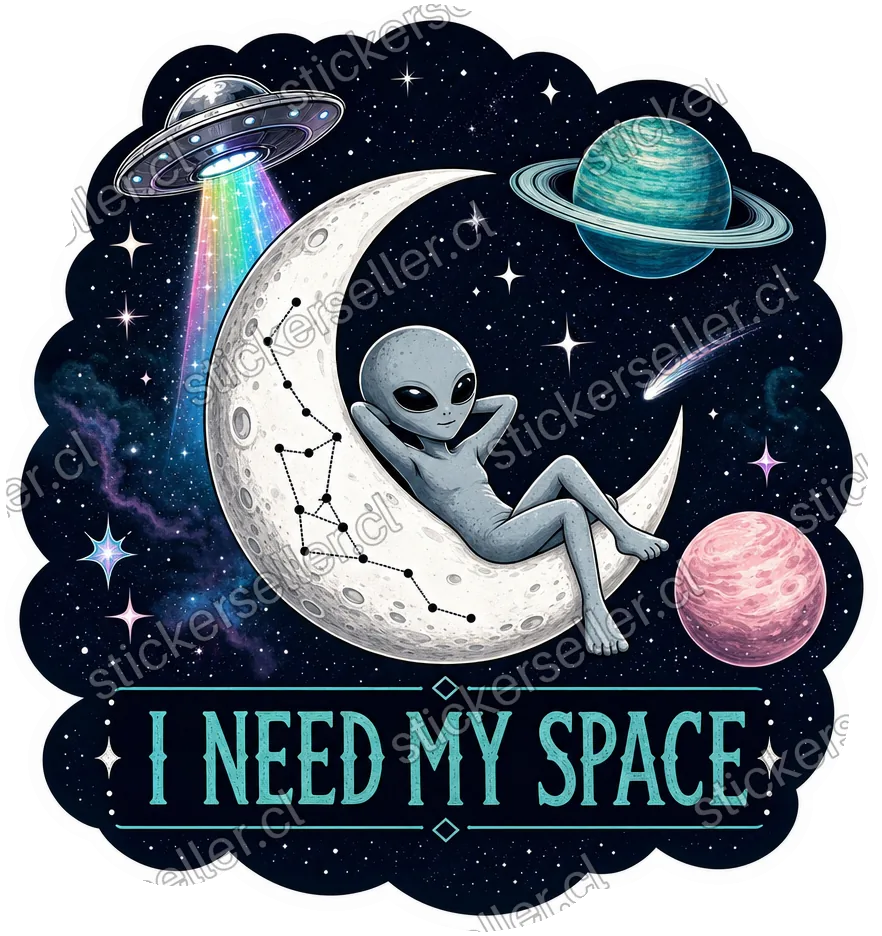 Sticker de un alienígena recostado sobre una luna creciente entre planetas y un platillo, con el texto «I NEED MY SPACE».