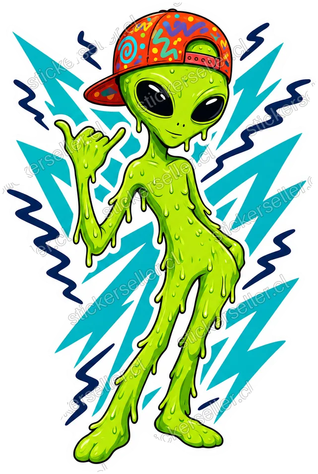 Sticker de un alienígena verde lima con gorro grafiteado al revés, haciendo shaka, con rayos zigzagueantes teal de fondo.